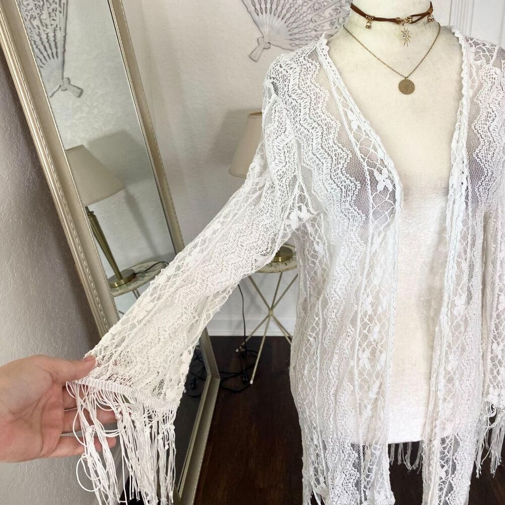 Style Apparel White Fringe Granny Lace Open Front Sheer Cardigan M - Picture 2 of 6